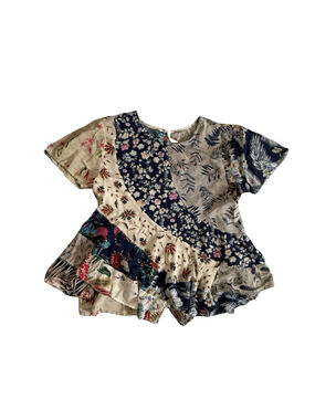 Michael Farrell Patchwork Mixed Floral Print Peplum Top M Boho Ruffle Rayon